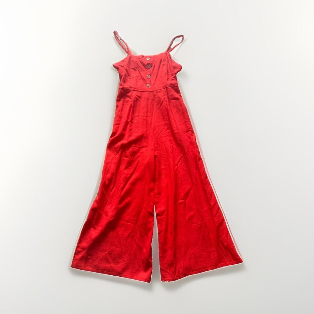 Women's Red Solid Wide-Leg Jumpsuit Spaghetti Straps V-Neck M